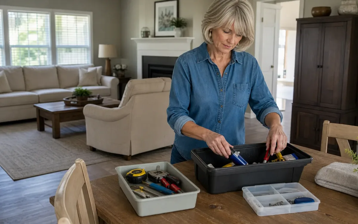 A woman sorts tools into a black toolbox at a wooden dining table beside a tool tray and a small hardware organizer.