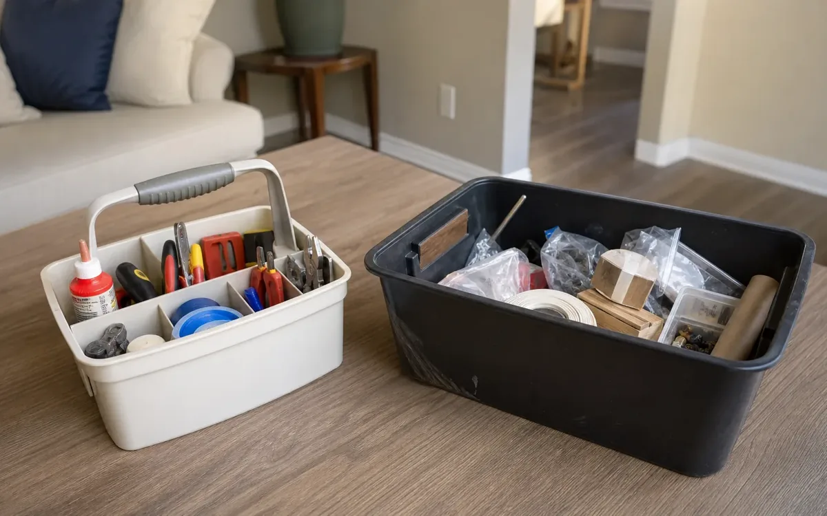 A white caddy of household repair tools sits beside a black bin of loose supplies and wood scraps on a wooden table.