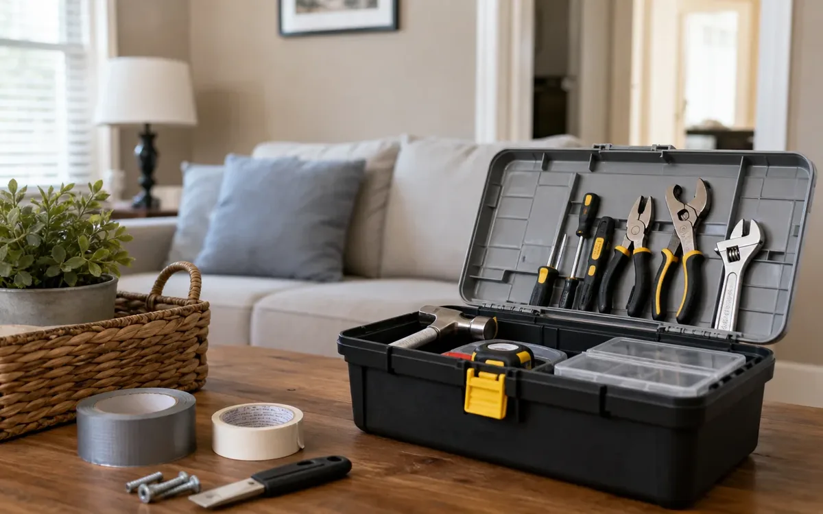 An open household toolbox with pliers, screwdrivers, a wrench and hammer sits on a wooden table beside tape, bolts and a utility knife.