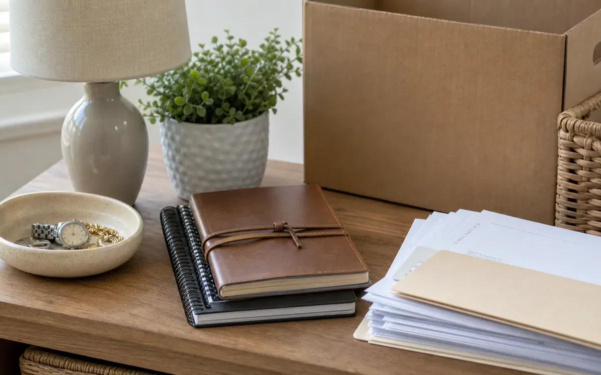 Packed box, folders, notebooks, jewelry dish, lamp, and plant arranged on a table for sorting belongings.