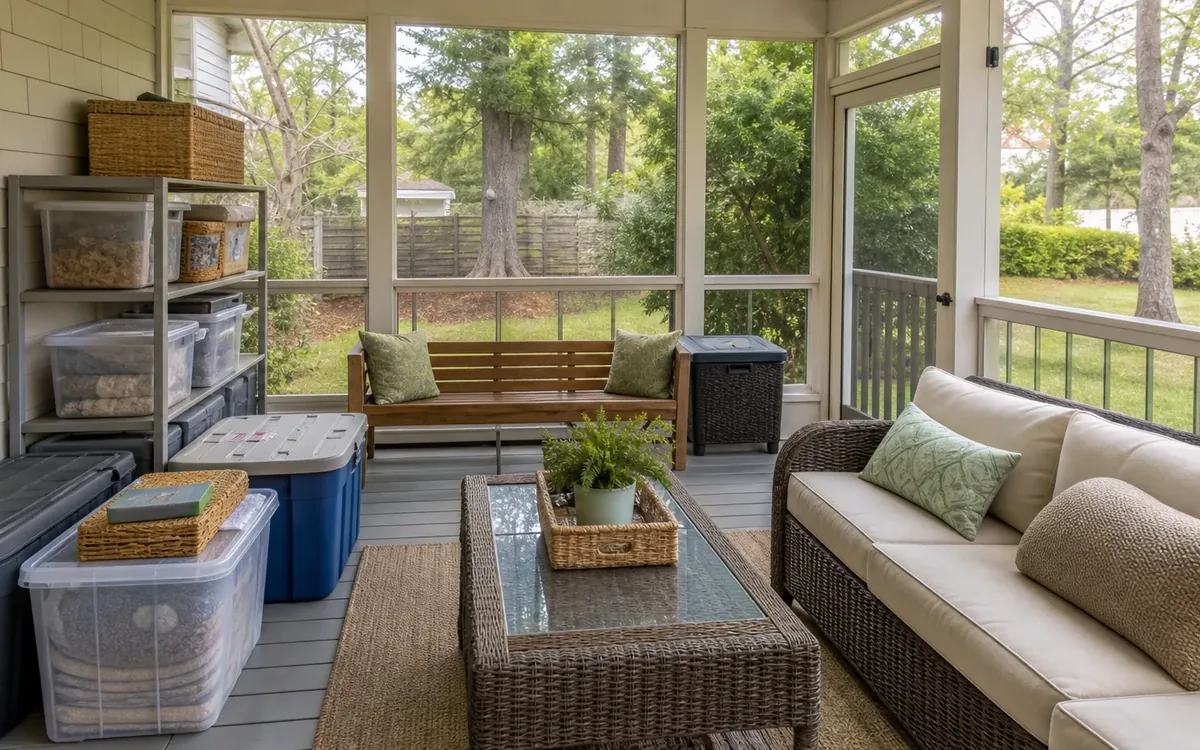 Clear storage bins and packed containers are organized beside patio furniture in an enclosed porch.