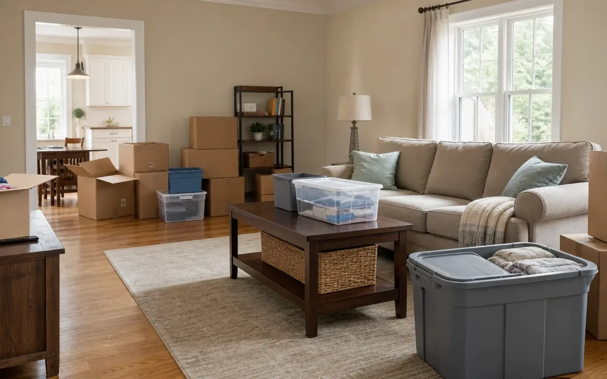Living room with cardboard boxes, plastic storage bins, and packed belongings arranged around a sofa and coffee table.