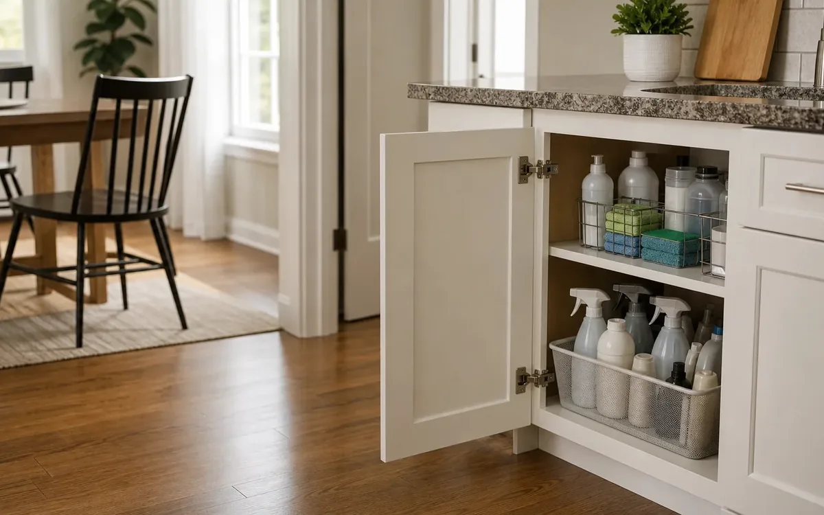 An open kitchen cabinet holds cleaning bottles in wire baskets, with stacked sponges arranged on the upper shelf.