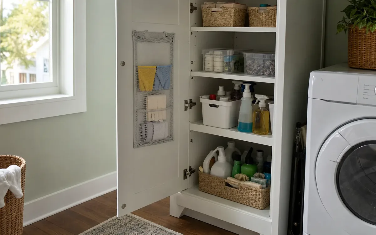 An open cabinet beside a washing machine holds cleaning bottles, brushes, baskets, clear bins, and cloths in a door organizer.