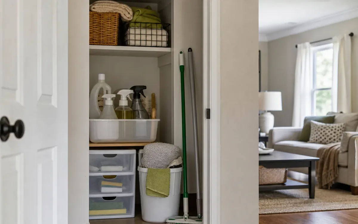 A compact closet holds cleaning sprays, storage drawers, towels, a bucket and long-handled tools beside a living room.