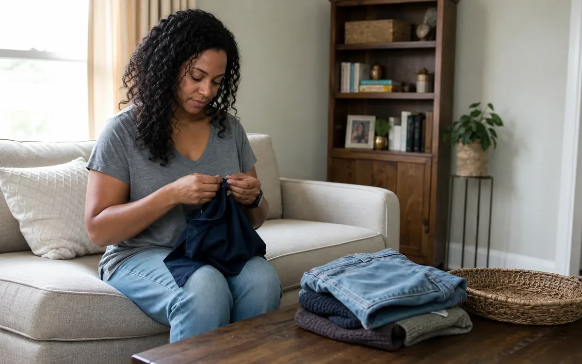 A woman seated on a sofa hand-sews a dark garment beside folded clothes and an empty wicker basket on a coffee table.