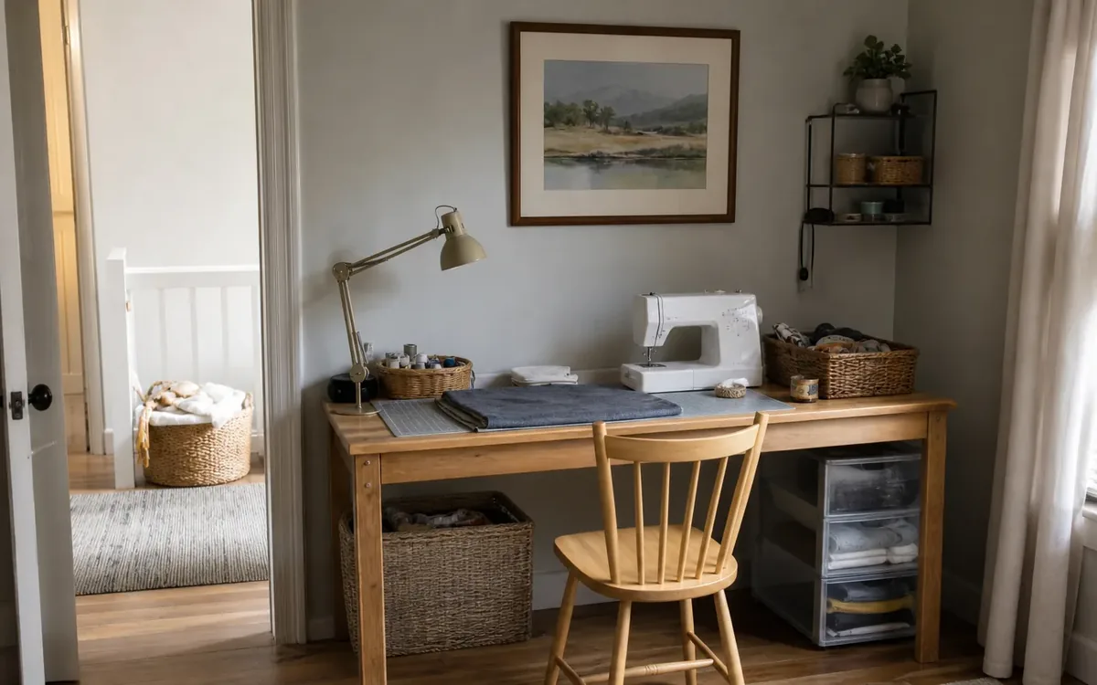 A wooden sewing desk holds a sewing machine, folded fabric, lamp and supply baskets, with a chair and storage drawers below.