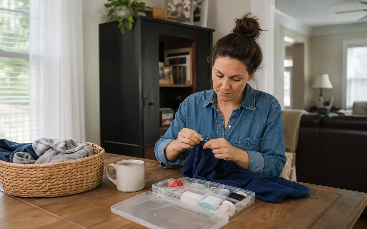 A woman hand-sews a navy garment at a wooden table with an open sewing organizer, a basket of clothes, and a mug.