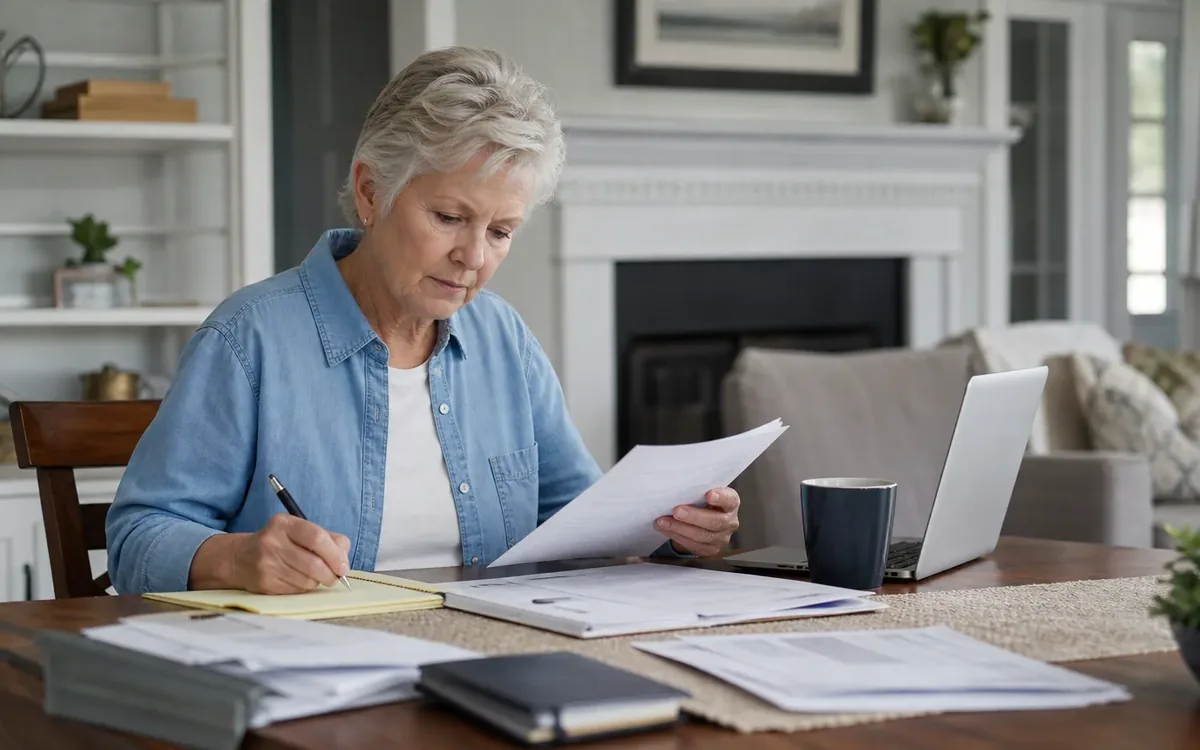 Senior woman reviews paperwork and writes notes beside an open laptop at a dining table in her living room.