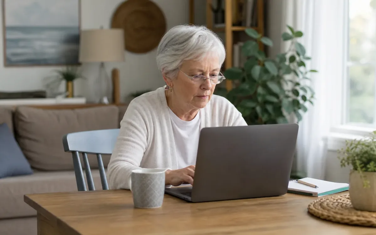 Older woman wearing glasses uses a laptop at a dining table beside a mug, notebook, and potted plant.