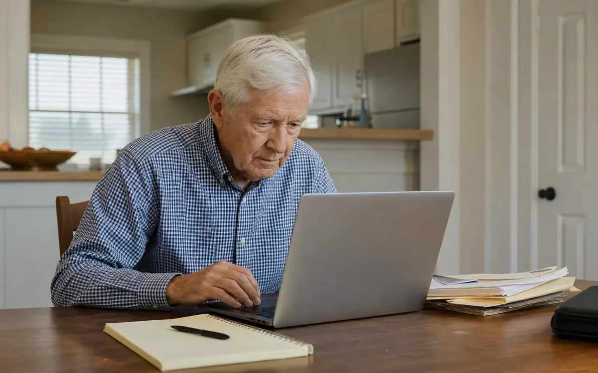 Senior man using a laptop at a dining table with a notebook, pen, and stacks of paperwork beside him.