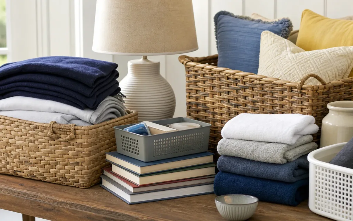 Woven baskets of folded blankets and pillows sit on a wooden table beside stacked books, towels, and a white plastic basket.