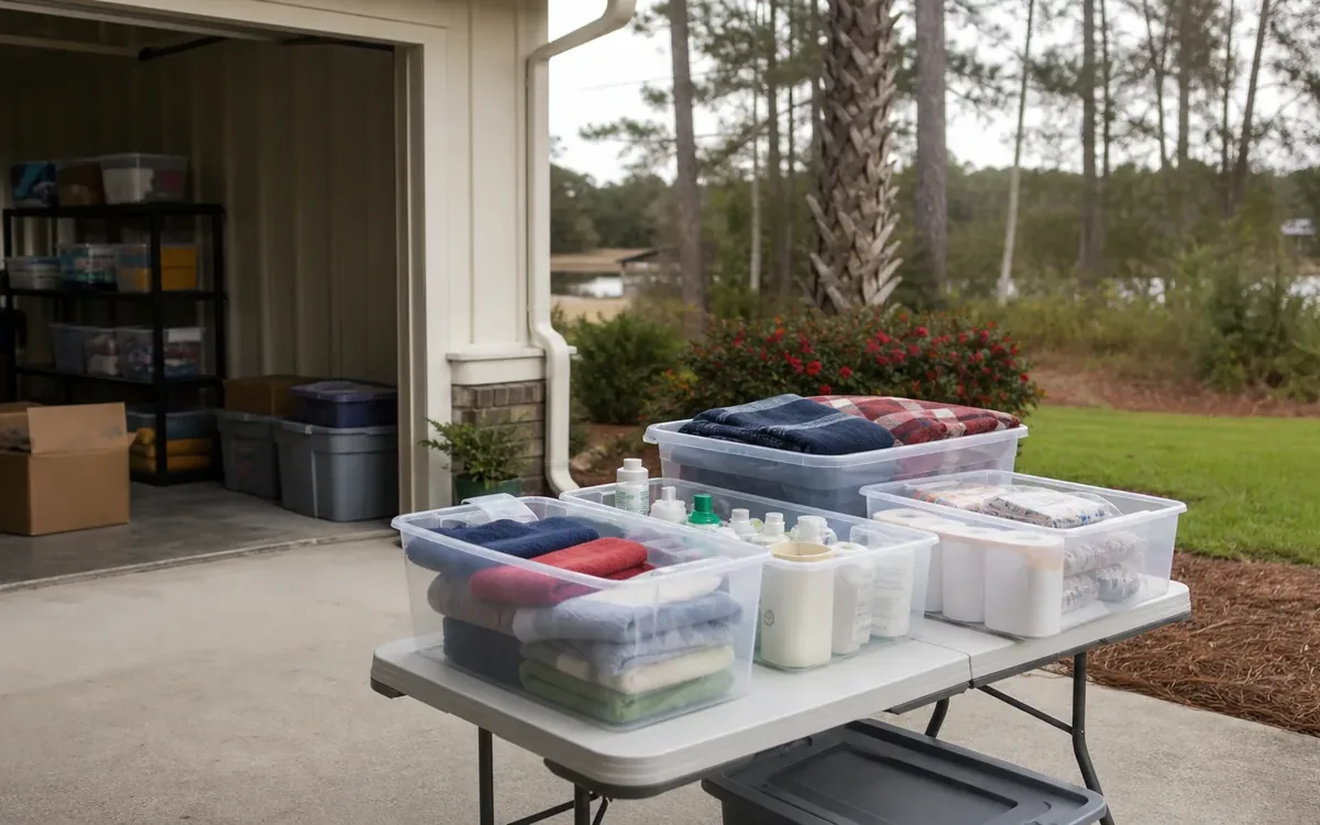 Clear plastic bins of folded clothing and toiletries sit on a folding table beside an open garage, grouping donation items.