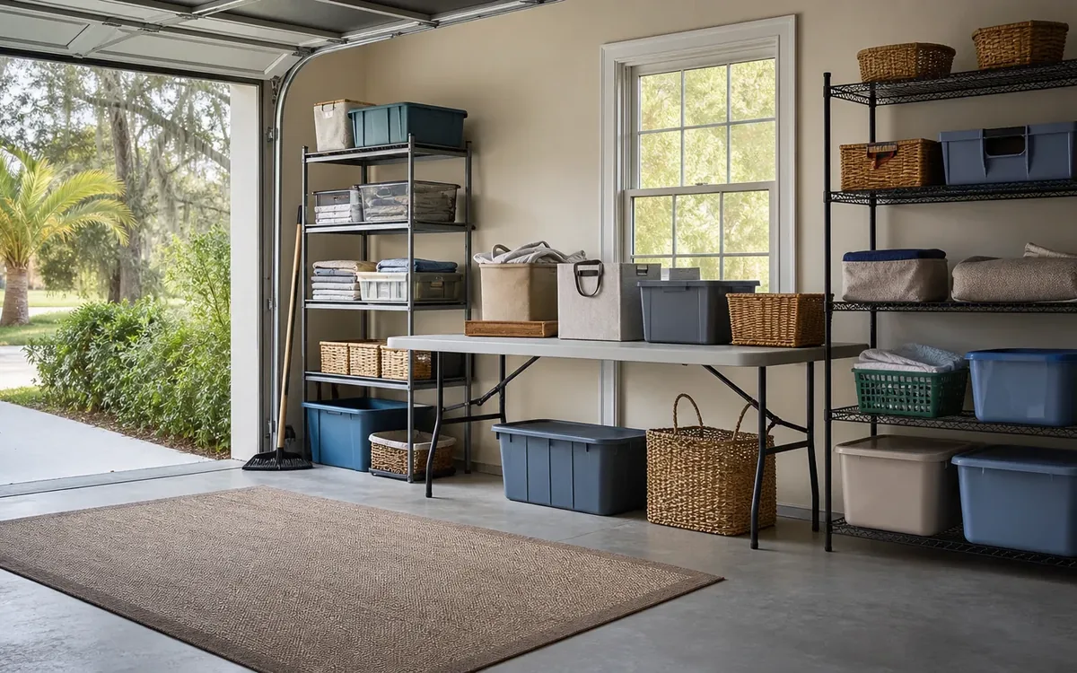 Garage staging area with a folding table, storage bins, woven baskets, and folded linens arranged on two shelving units.