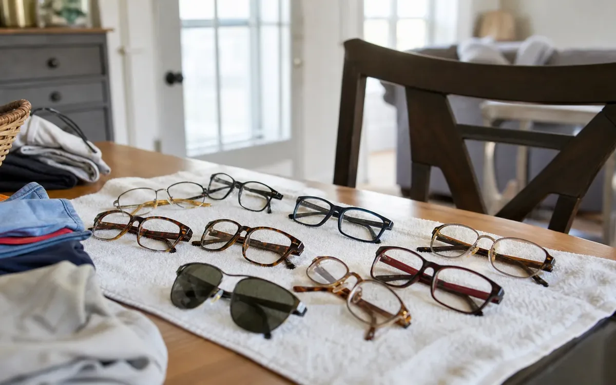 Several pairs of eyeglasses and one pair of sunglasses lie on a white towel on a wooden table beside folded clothes.
