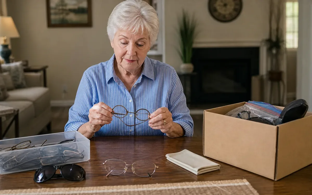 An older woman examines eyeglasses at a table with spare glasses, sunglasses, a cleaning cloth, and a cardboard box of cases.