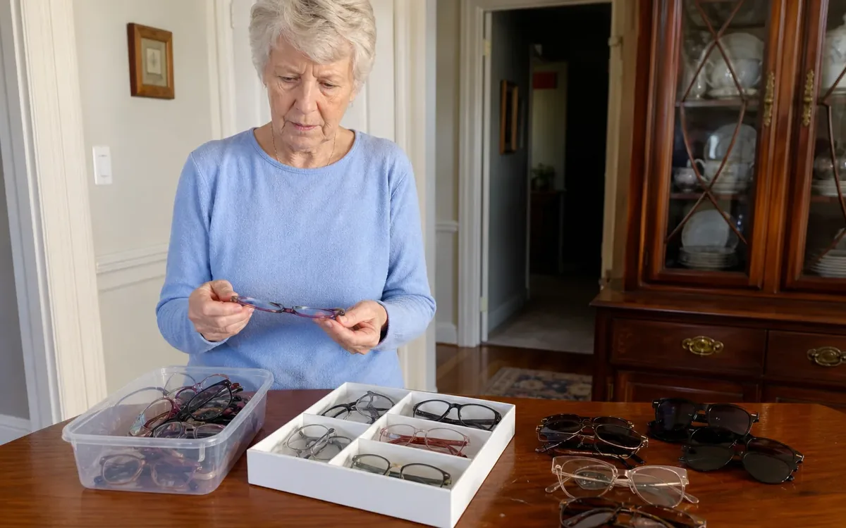 An older woman holds eyeglasses over a wooden table with a plastic bin, a divided tray of glasses, and several sunglasses.