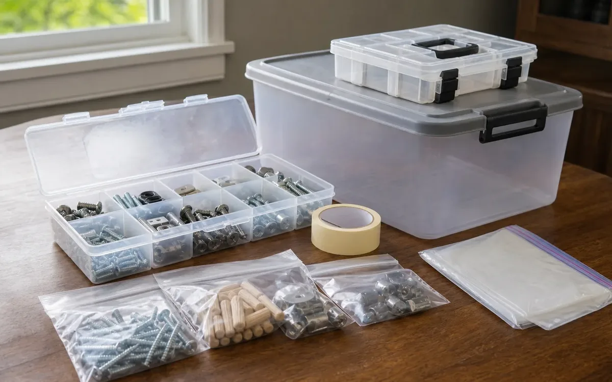Compartment organizers, labeled-style bags, masking tape, and a storage bin hold sorted furniture hardware.