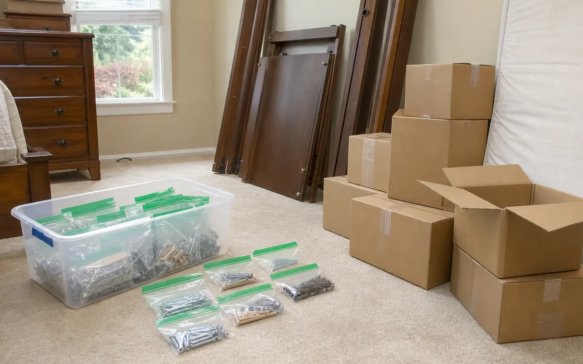 Clear labeled bags of furniture hardware sit beside a storage bin, stacked boxes, and disassembled wood panels.