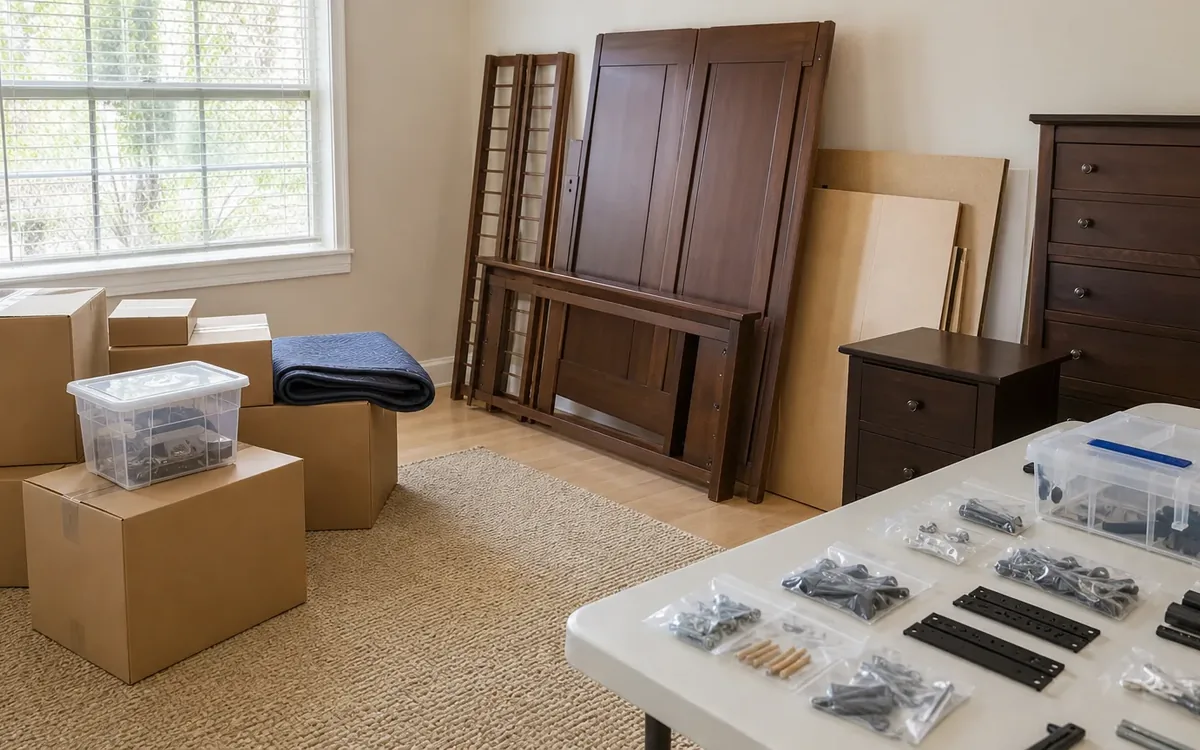Labeled-size bags of furniture hardware and plastic organizers arranged on a table beside packed boxes and wood furniture parts.