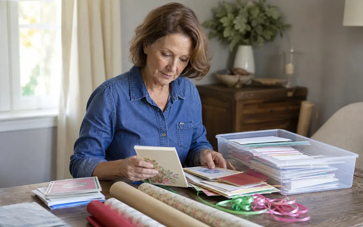 A woman sorts greeting cards at a wooden table with wrapping paper rolls, curled ribbons, and a clear storage bin.