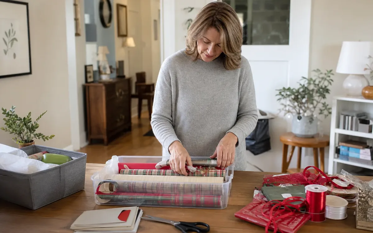 A woman arranges gift wrap rolls in a clear storage bin, with ribbon, greeting cards, and scissors on the table.