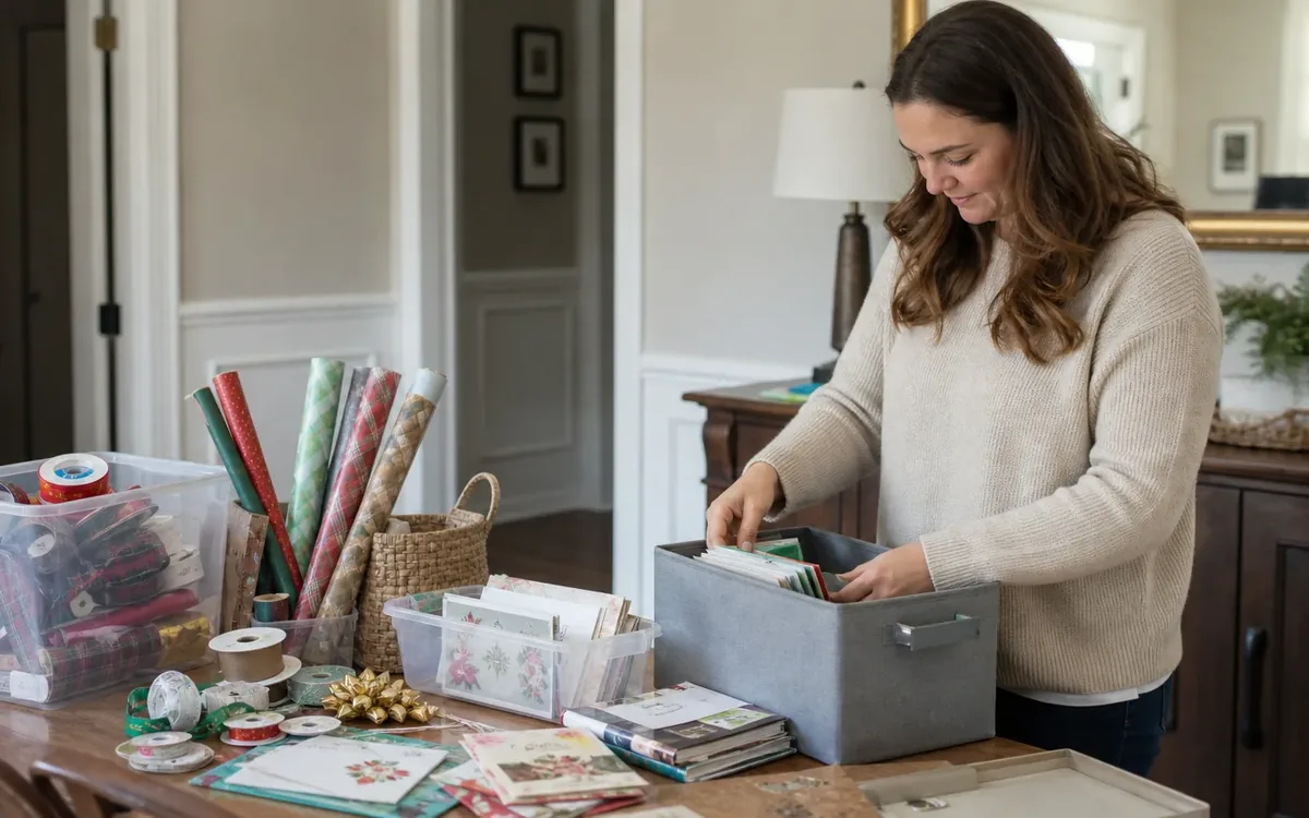 A woman sorts greeting cards into a gray bin beside wrapping paper rolls, ribbon spools, and gift bows on a wooden table.