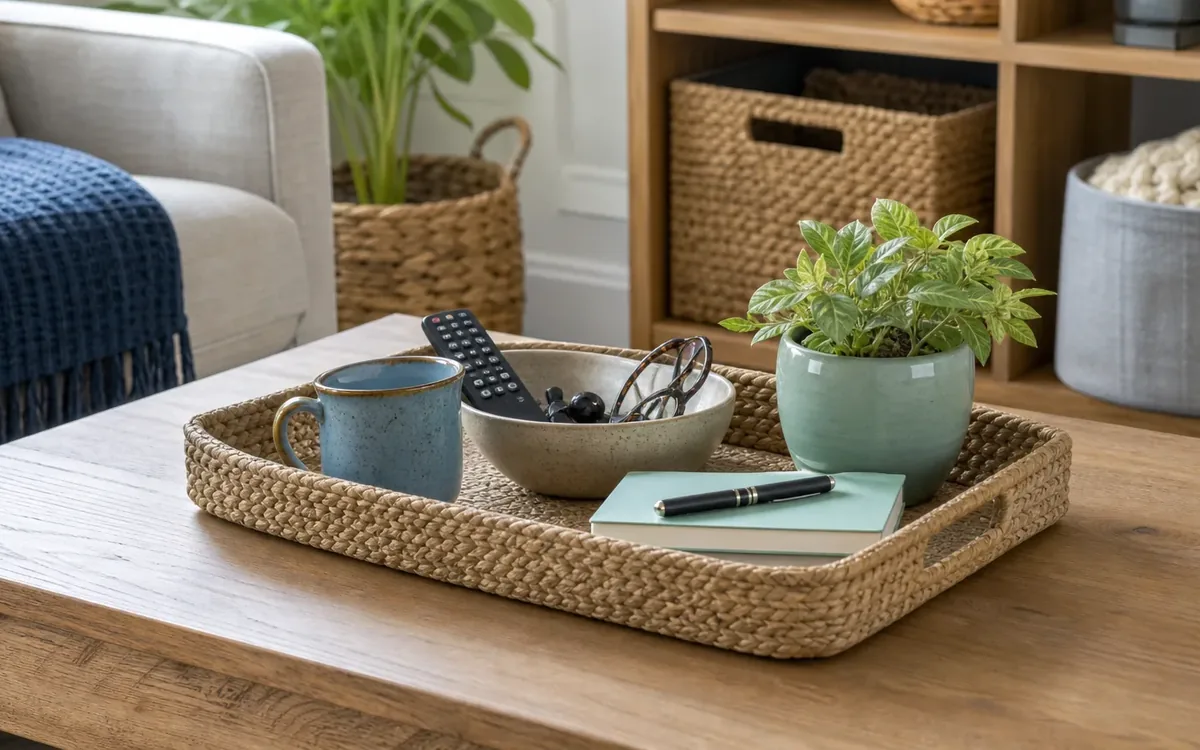 A woven tray on a wooden coffee table groups a mug, remotes, eyeglasses, a notebook, a pen, and a small potted plant.