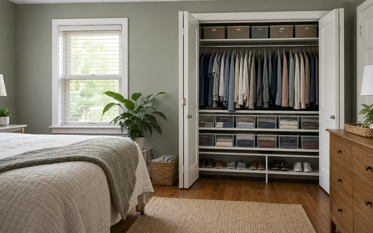 Open bedroom closet with hanging shirts, clear storage drawers, upper bins, and shoes arranged on lower shelves.