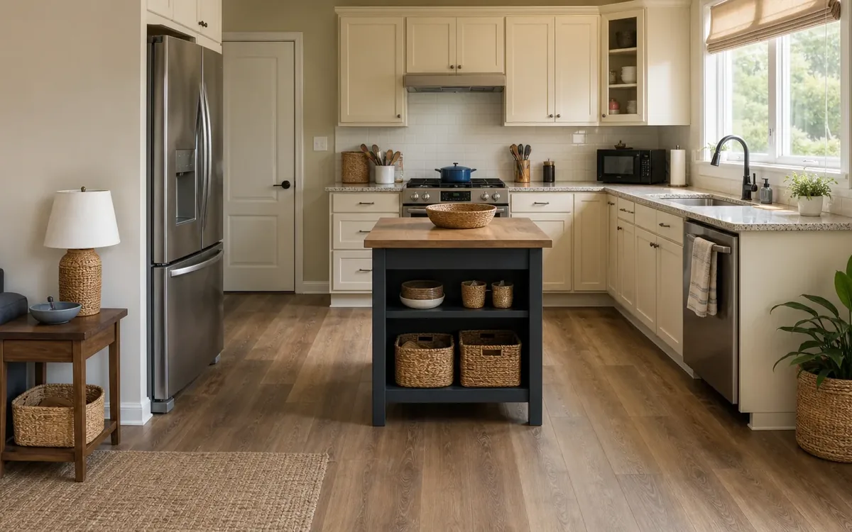 A bright kitchen has a central island with bowls, cups, and woven baskets stored on open shelves beneath a wooden countertop.