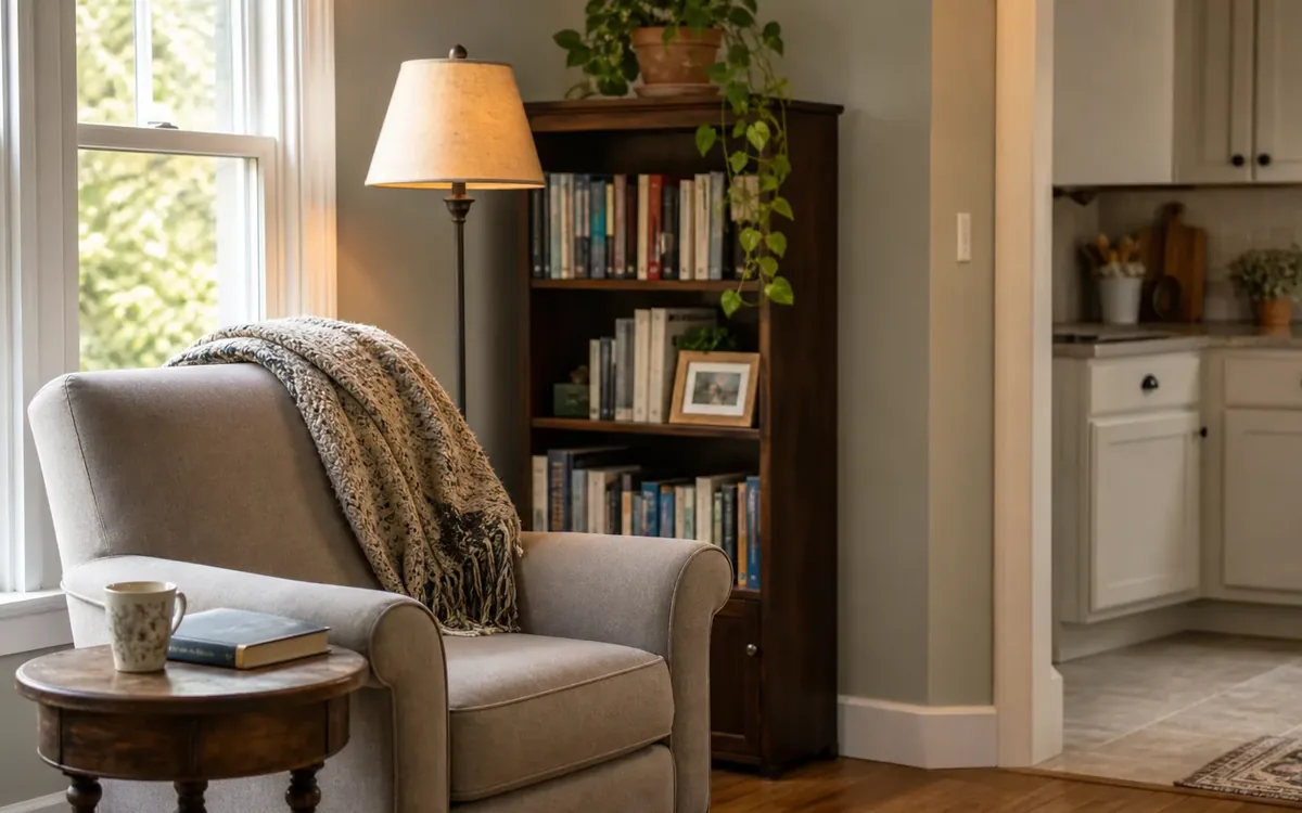 A compact reading corner beside a window has a cushioned armchair, knitted throw, lamp, bookcase, and side table with a mug and book.