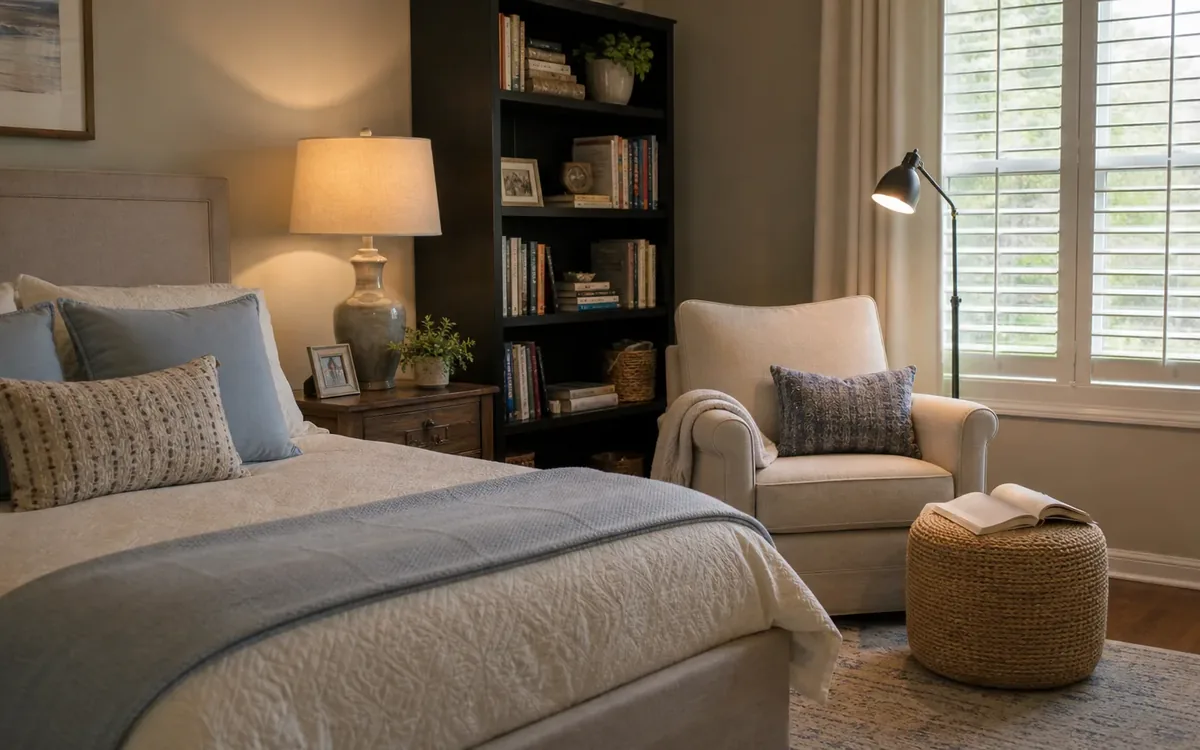Bedroom reading corner with an upholstered armchair, lit floor lamp, bookshelf, and an open book on a woven ottoman beside the bed.