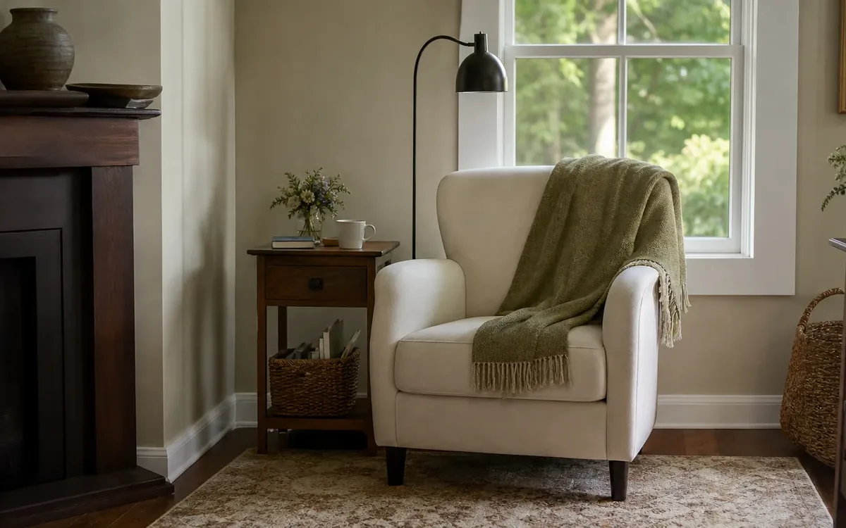 A cream armchair with a green throw sits beside a window, floor lamp, and small wooden table holding books, flowers, and a mug.
