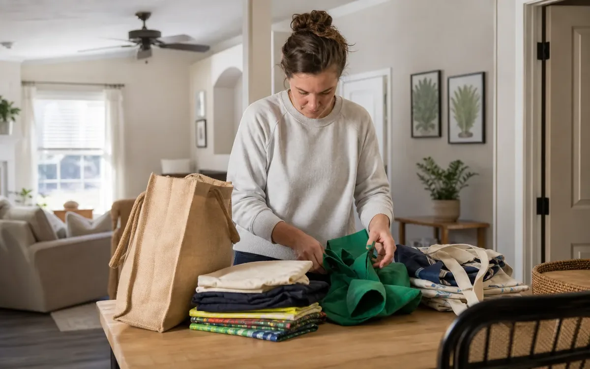 A woman sorts reusable shopping bags on a wooden table, with folded stacks, a green bag, and upright tan totes.