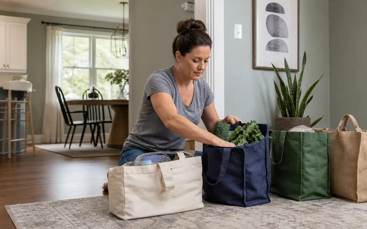 A woman kneels on a rug beside four reusable shopping bags, arranging leafy groceries in a navy blue bag.