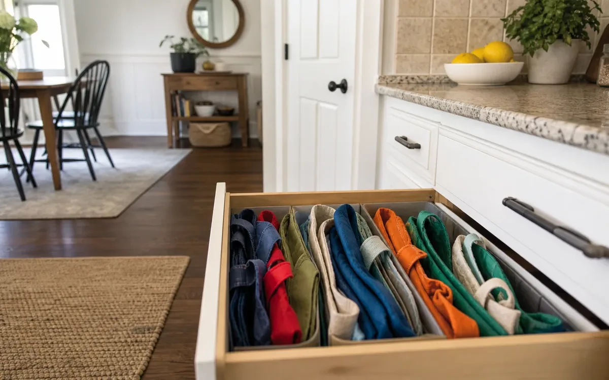 Colorful reusable shopping bags folded upright in neat rows inside an open kitchen drawer beneath a stone countertop.