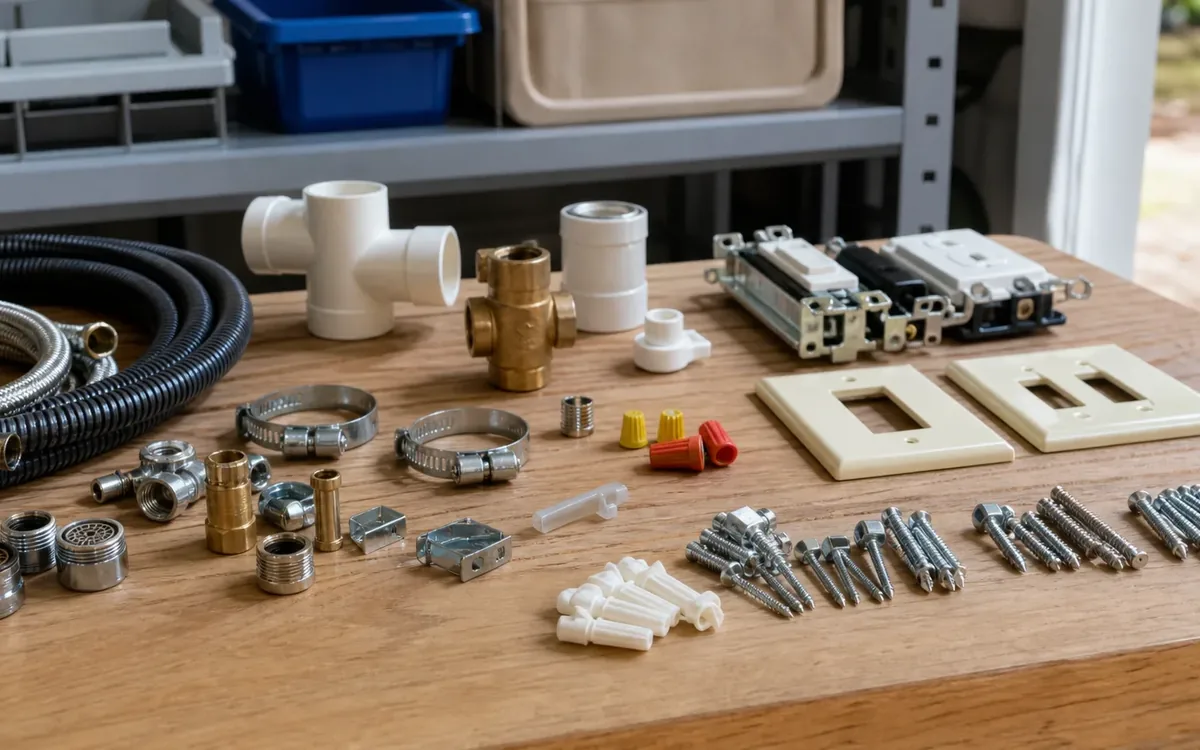 Spare plumbing fittings, hose clamps, electrical switches, wall plates, screws, and wall anchors sorted on a wooden workbench.
