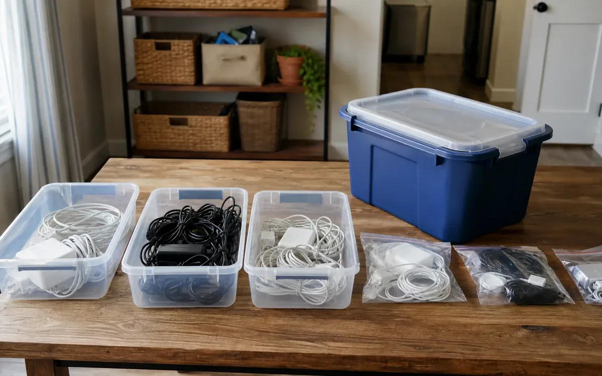 Clear bins and plastic bags hold sorted white and black cords, chargers, and adapters on a wooden table beside a blue storage tote.