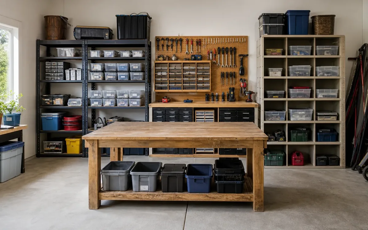 Wooden workbench with bins underneath, shelves of small parts drawers, and a wall-mounted board holding neatly arranged tools.