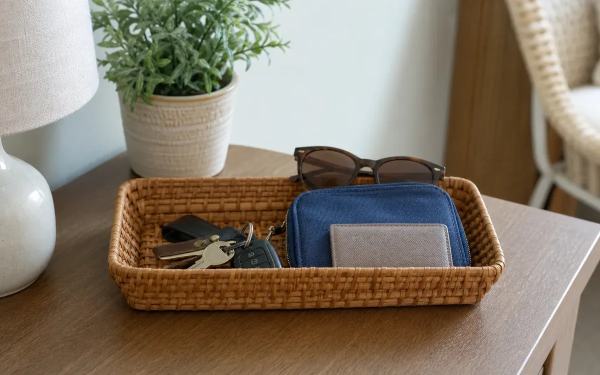 A woven tray on a wooden table holds keys, sunglasses, a blue zippered pouch, and a wallet beside a lamp and plant.