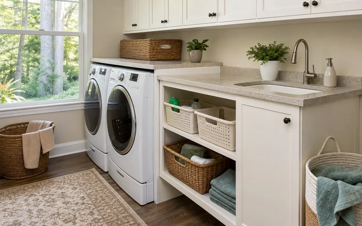 Laundry room with open shelves holding baskets and folded towels beside a washer, dryer, and sink countertop.
