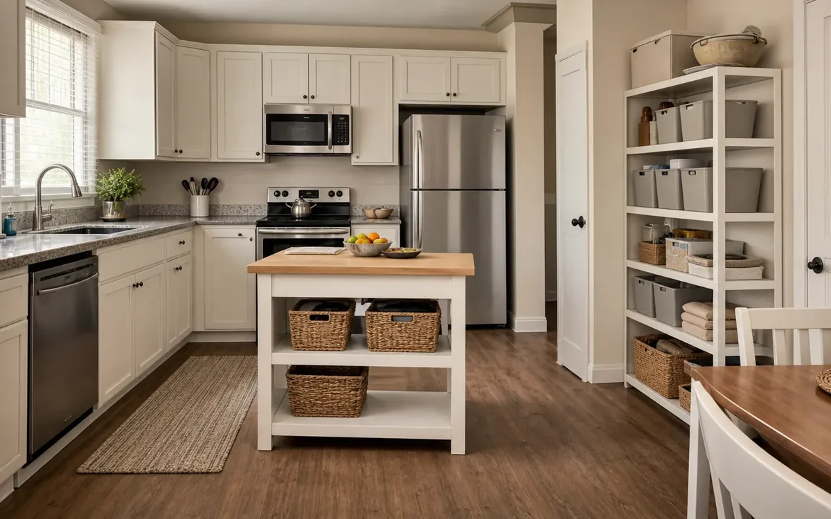 White kitchen with a small island, woven baskets on open shelves, and a tall shelving unit holding bins, dishes, and containers.