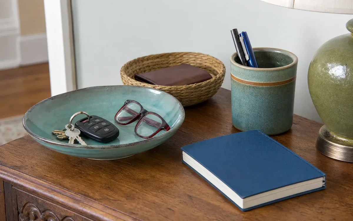 Keys and eyeglasses rest in a shallow dish on a wooden table beside a wallet basket, pen cup, blue notebook, and lamp.