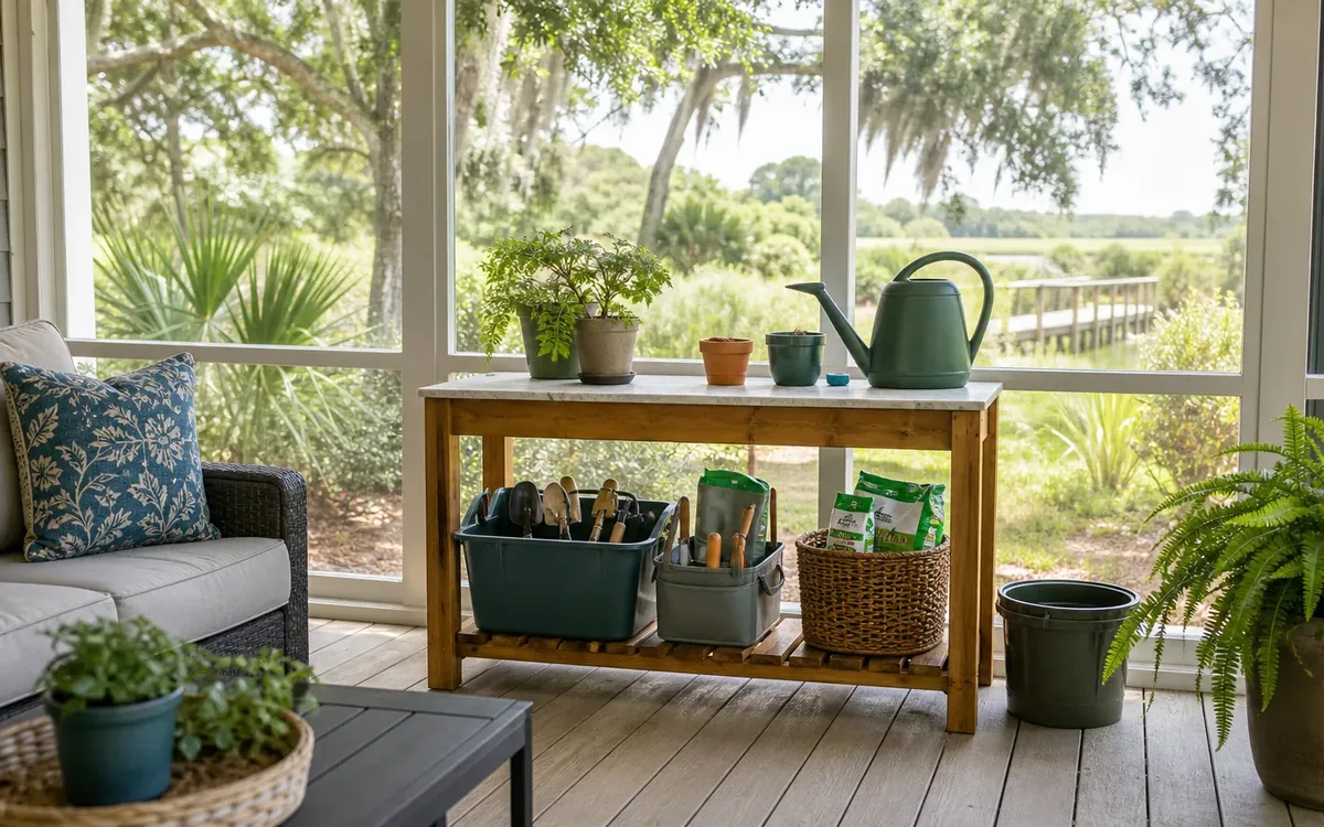 A wooden potting table groups watering cans, plant pots, hand tools, and gardening supplies together on a screened porch.