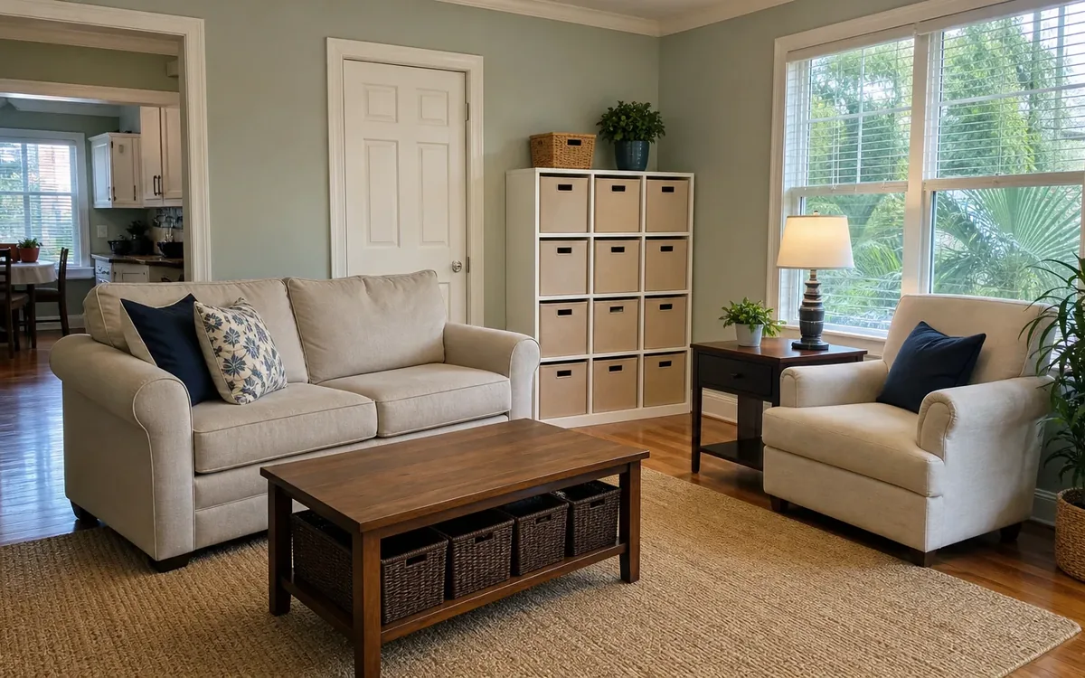 Living room with a beige sofa and armchair, a coffee table with storage baskets, and a cabinet of square storage bins.