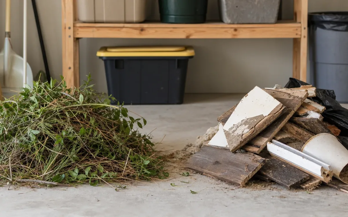 Separate piles of cut weeds and construction debris sit on a garage floor beside storage bins and yard tools.