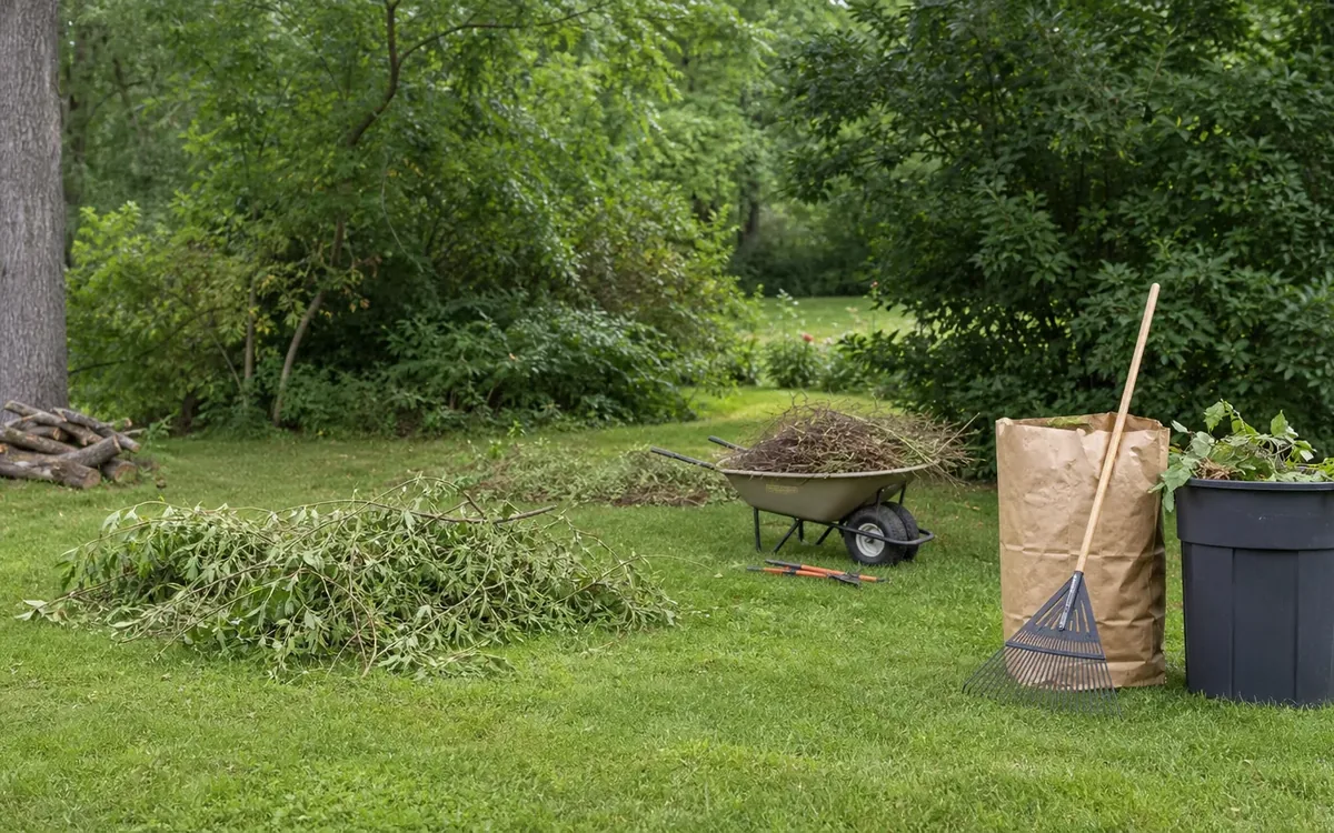 Cut branches lie on a lawn beside a loaded wheelbarrow, rake, yard waste bag, and trash bin.