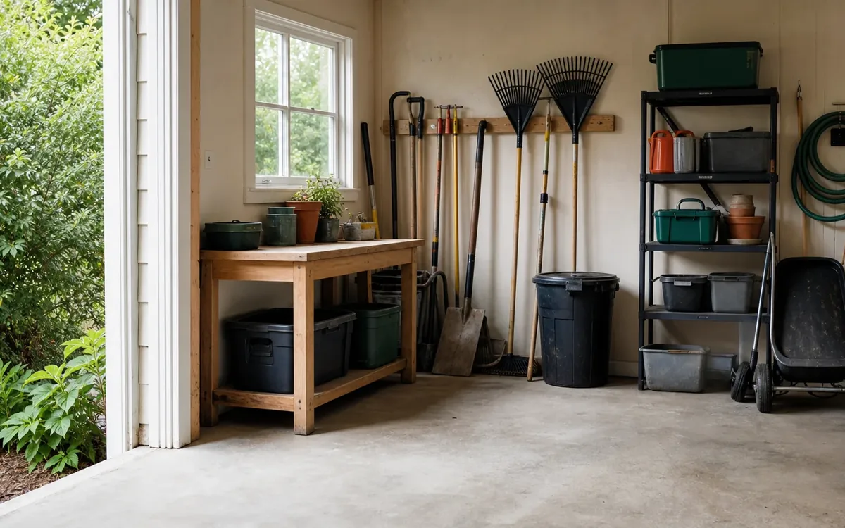 Open garage with rakes, shovels, bins, a wheelbarrow, and dense overgrown shrubs outside.