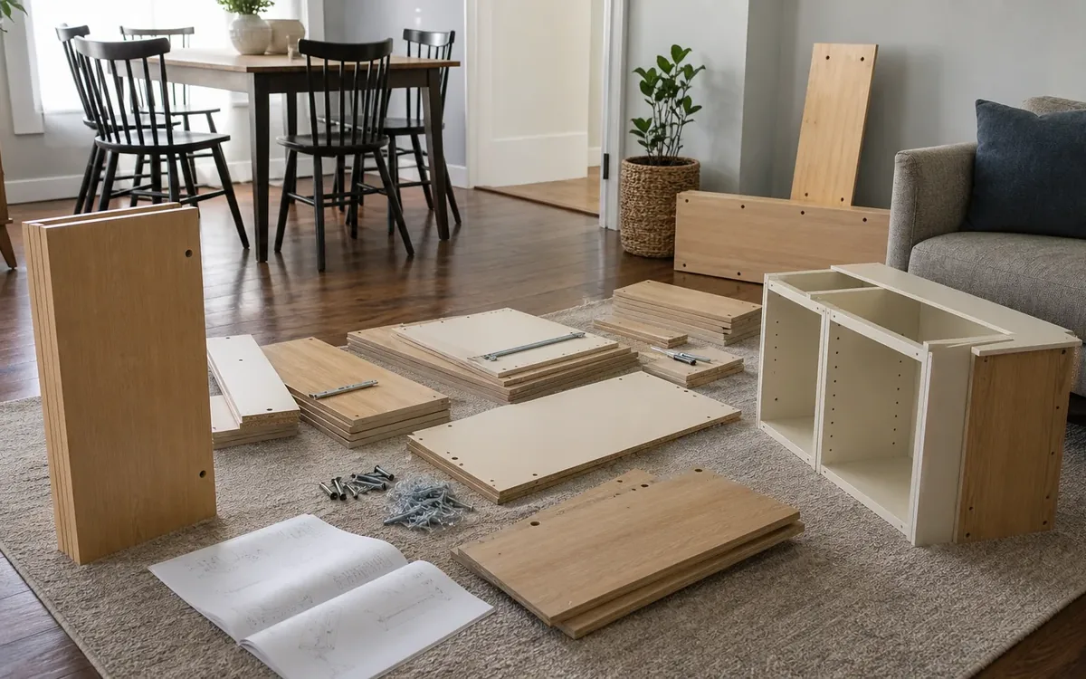 Flat-pack furniture panels, loose fasteners, an open instruction booklet and a partly assembled cabinet arranged on a living room rug.