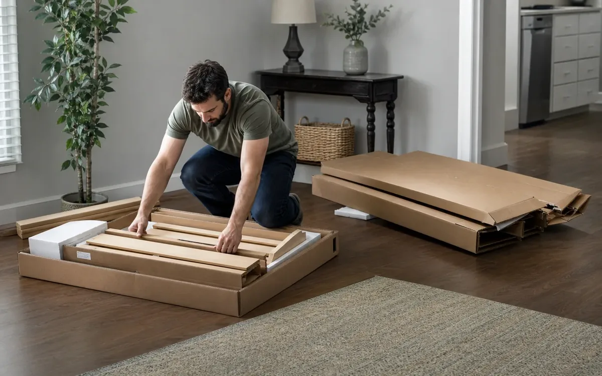 A man kneels on a living room floor, arranging wooden furniture parts in an open cardboard box beside flattened packaging.
